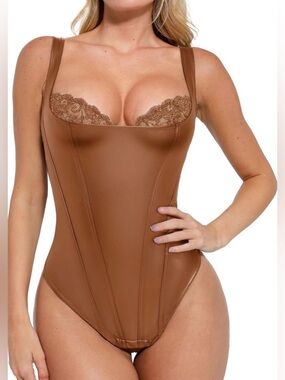 NWT Popilush Shapewear Faux Leather Lace Brown Balconette Bodysuit Sz XS